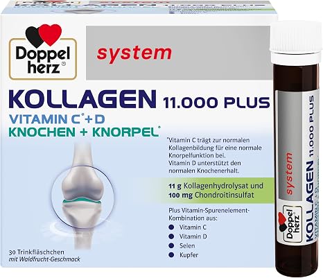 Doppelherz System Collagen 11000 Plus – With nutrients that contribute to the health of the locomotor system and cell protection – 30 drinking bottles Vitamin C contributes to normal collagen formation for normal cartilage function - 30 drinking bottles