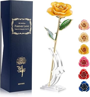 Ejoyous 24K Gold Dipped Real Rose wRose Stand Forever Blooming Yellow Golden Rose Her on Christmas Birthday Proposal Valentines Day Wedding Anniversary, Yellow with Stand