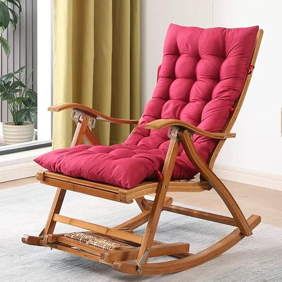 LEIYTFE Wood Recliner Folding Relaxing Chair with Footrest,Comfy Rocking Armchair with Upholstered,Comfy Glider Rocker Chair for Balcony Patio,Adjustable Back (Color : Red)