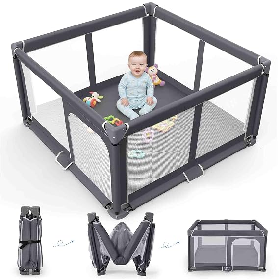 Foldable Baby Playpen Portable Travel Play Yard, Dark Gray | Safety Play Yard for Babies & Toddlers, Indoor & Outdoor Use, Carry Bag Included, Collapsible, Portable,Sturdy & Secure
