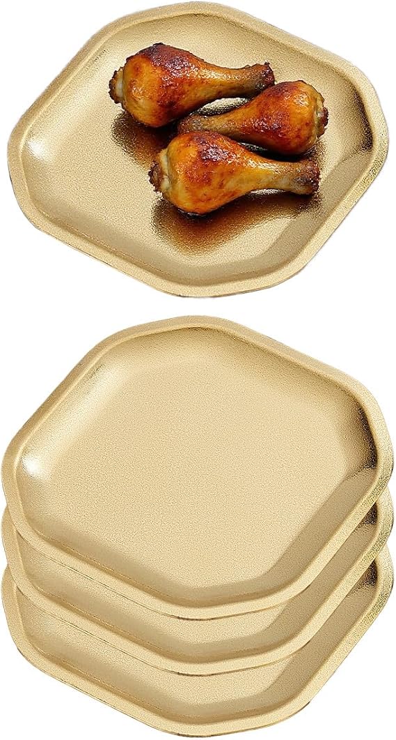 SANQIAHOME 5.9x5.9 in Square Hexagonal Stainless Steel Serving Trays Set of 4,Vintage Design,Small Metal Appetizer Plates for Snacks Nuts Condiment Jewelry Dish Cosmetics Organizer,Gold