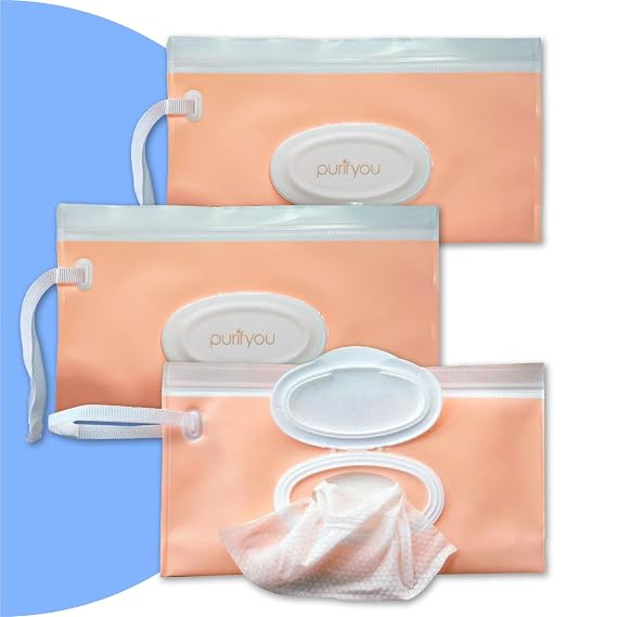 purifyou Portable Baby Wipe Case Travel Holder Set of 3 Refillable Wipe Dispenser Pouches, Keeps Wipes Fresh & Moist, Lightweight, Durable, for Car, Diaper Bag, Stroller, Home & Travel (Pink)