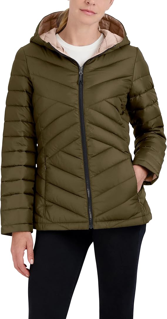 HFX Women's Mid-weight Puffer Jacket Water-resistant, Stretch Quilted Coat, Removable Faux Sherpa Lined Hood, Recycled Fill