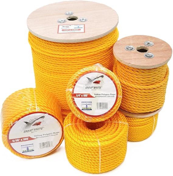 Polypropyelene Rope 600 Ft, 1/2 Inch Twisted Nautical, Floating Line, Marine, Home, Industrial, Resists Water, Chemicals, Oil, Heat, Strong, Stretch Resistant, Yellow, Great White Brand