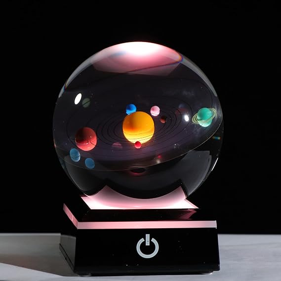 3D Solar System Model Crystal Ball 80mm 8.18 Inches - Space Astronomy Gift Room Decoration Crystal Sphere Unique Gift for Men Him Best Birthday Father Physics Science Teacher Night Light Planet Lamp