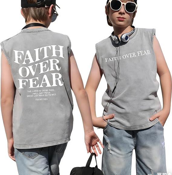 Faith Over Fear Boys Tank Tops Kids Christian Graphic Sleeveless Undershirts Boy Muscle Shirts Acid Wash Tanktops