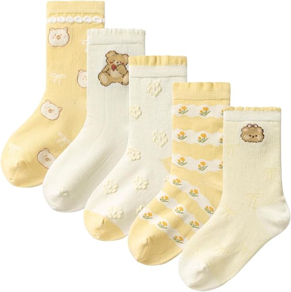 Balabala Girls Cotton Ruffle Crew Socks, 5-Pack, Animal, Comfortable, Soft