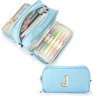 Extra Large Capacity Pencil Case 3 Compartment Initial Pencil Pouch Personalized Cute Aesthetic Stationery Pen Case Bag for School Teen Girl Boy Men Women Gift J, Blue