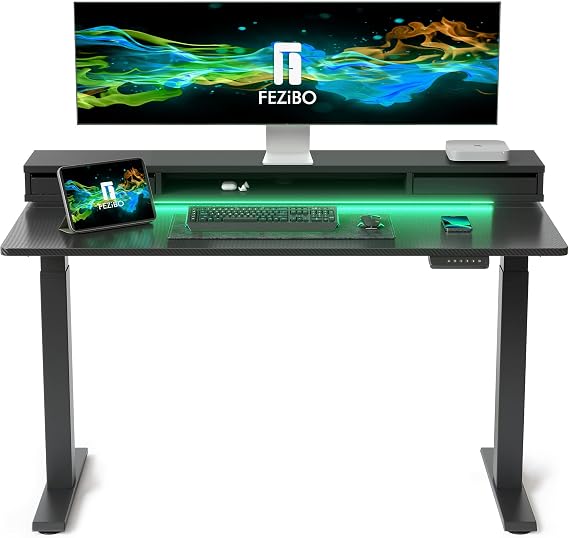 FEZIBO 48 x 24 Inch Height Adjustable Electric Standing Desk with Double Drawers, Stand Up Desk with LED Strips, Sit Stand Desk with Monitor Stand, Blcak