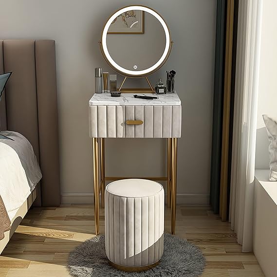 Small Dressing Table with Mirror and Drawers,Makeup Vanity with Lights,Modern Vanity Makeup Writing Desk with Make-up Stool (Color : White, Size : 40cm)