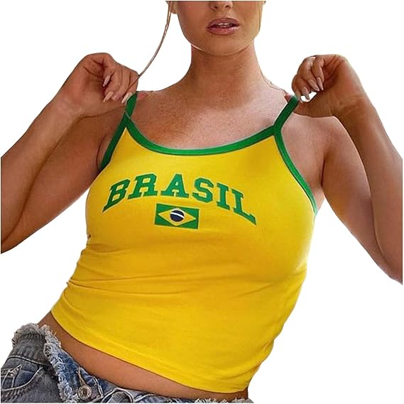 Brazil Spaghetti Crop Top Women's Y2k Baby T-Shirts Sexy Sleeveless Tops Brazil Slim Fit Crop Tops T-Shirts Graphic T-Shirts Vintage 90s Streetwear Shirts Slip Blouse