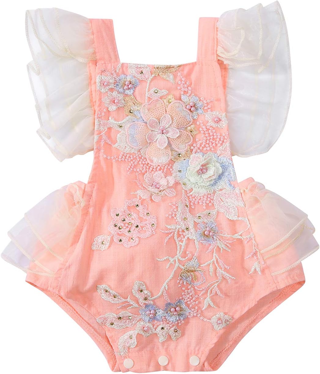 Newborn Baby Girl Lace Romper Sleeveless Backless Halter Floral Bodysuit Jumpsuit Tutu Dress Sunsuit Outfit Clothes