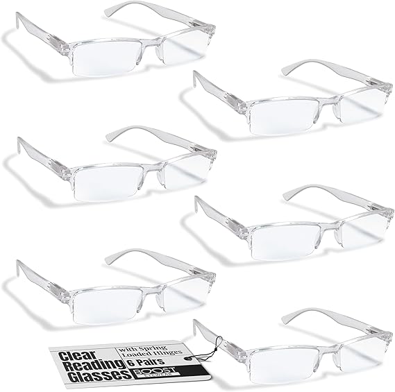 Boost Eyewear 6 Pack Reading Glasses, Clear Half Rim Frames, for Men and Women, with Comfort Spring Loaded Hinges, Clear, 6 Pairs (+1.50)