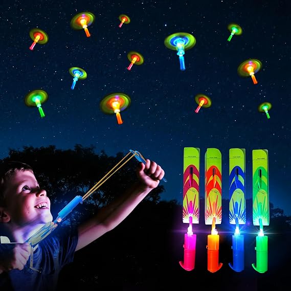 OceanWings LED Flying Set with Whistle, 25 Slingshot+25 Glow Helicopter, Flying Toy Outdoor Toy Glow in The Dark Party Supplies Party Favors Bulk for Kids 8-12,4-8 Summer Camping Outdoor Game