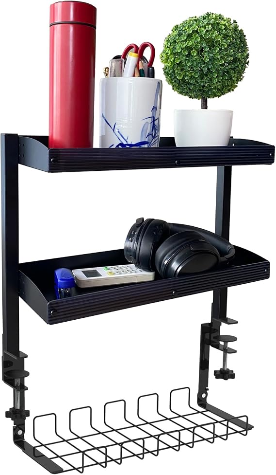 Desk Extender Shelf with Cable Management Tray, Above Desk Shelves, Under Desk Wire Management with Desk Extension Side Table, Desk Add on Shelf Clamp Table (Black (Cable Management))