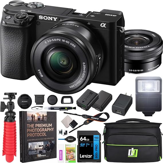 Sony Alpha a6100 Mirrorless Camera with 16-50mm OSS Lens, 24.2MP APS-C Sensor, 4K Video, Fast Autofocus, Bundle with Extra Battery, Flash, Deco Gear Camera Bag & Accessories