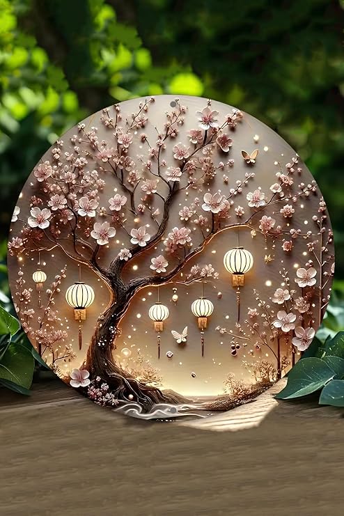 Sakura Ağacı & Fener Tasarımlı Uv Baskı 3D Gürünümlü Mdf Duvar Süsü – 33X33 Cm 20X20 Dt148,Ahşap Dt148 33 X