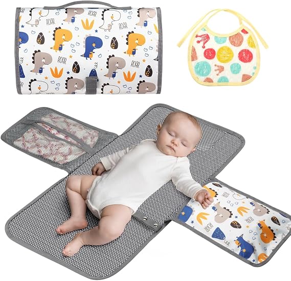 HOTUT Portable Nappy Changing Mat,Travel Changing Mat with Pocket,Waterproof Travel Changing Mat with Wipe-Pocket and Head Cushion,Foldable Travel Changing Mat,Portable Changing Mat Travel (White)