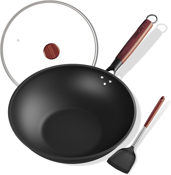 Carbon Steel Wok 13-Inch Wok Pan with Glass Cover Silicone Spatula, Non-Stick Surface Woks & Stir-Fry Pans Pre-Seasoned Chinese Wok Pan for Induction, Electric, Gas Stoves Cooking