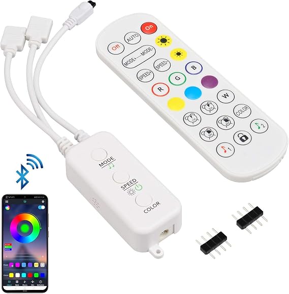 Sunity Led Strip Lights Controller, Bluetooth LED Strip Controller with APP/Music Sync/IR Remote, Compatible with 5v-24v/1m-20m 4-Pin 10mm RGB Led Strip Lights