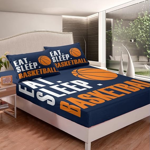 Basketball Bedding Set 3D Ball Sports Fitted Sheet for Boys Girls Women Men Blue Eat Sleep Basketball Bed Sheet Set Ball Games Room Decor Full Size Bed Cover 3Pcs