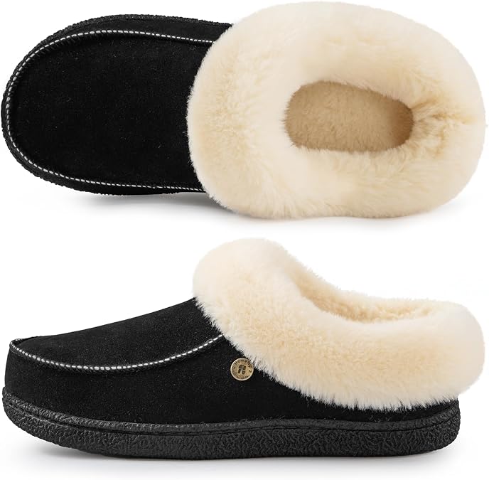 HomeTop Women's Comfy Moccasin Style Memory Foam Slip on Slippers Soft Microsuede Clog House Shoes with Luxury Fuzzy Fur Collar