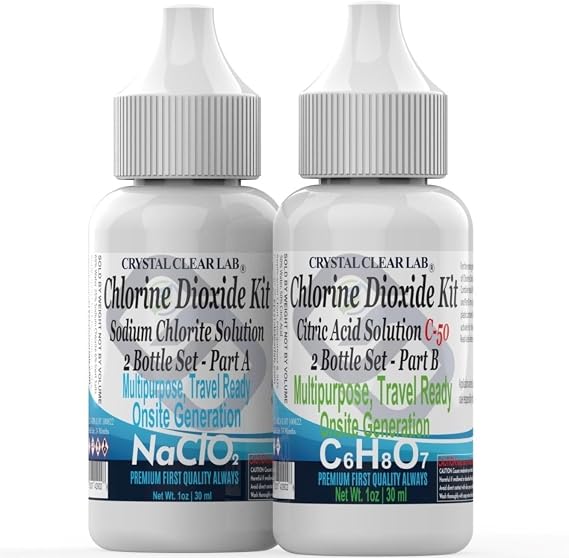 Crystal Clear Lab Chlorine Dioxide - 2 Oz Citric Acid Solution in Distilled Water (2 Bottles)