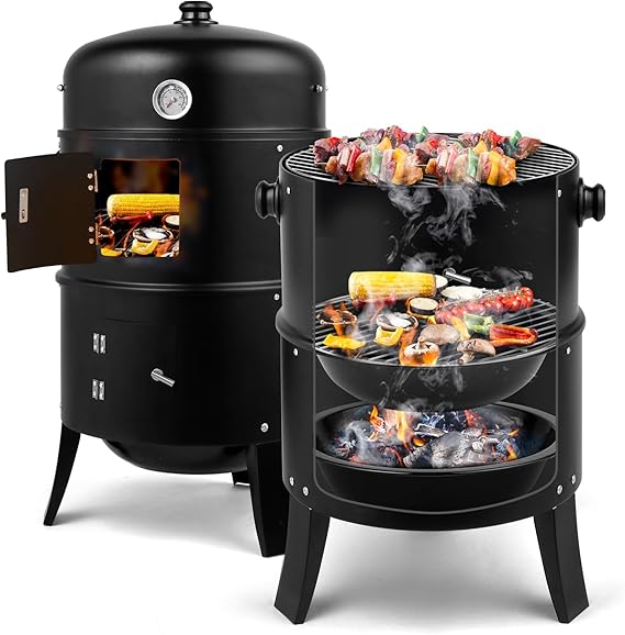 Outvita Vertical 17 Inch Charcoal BBQ Smoker, 3-in-1 Portable Grill Cooker