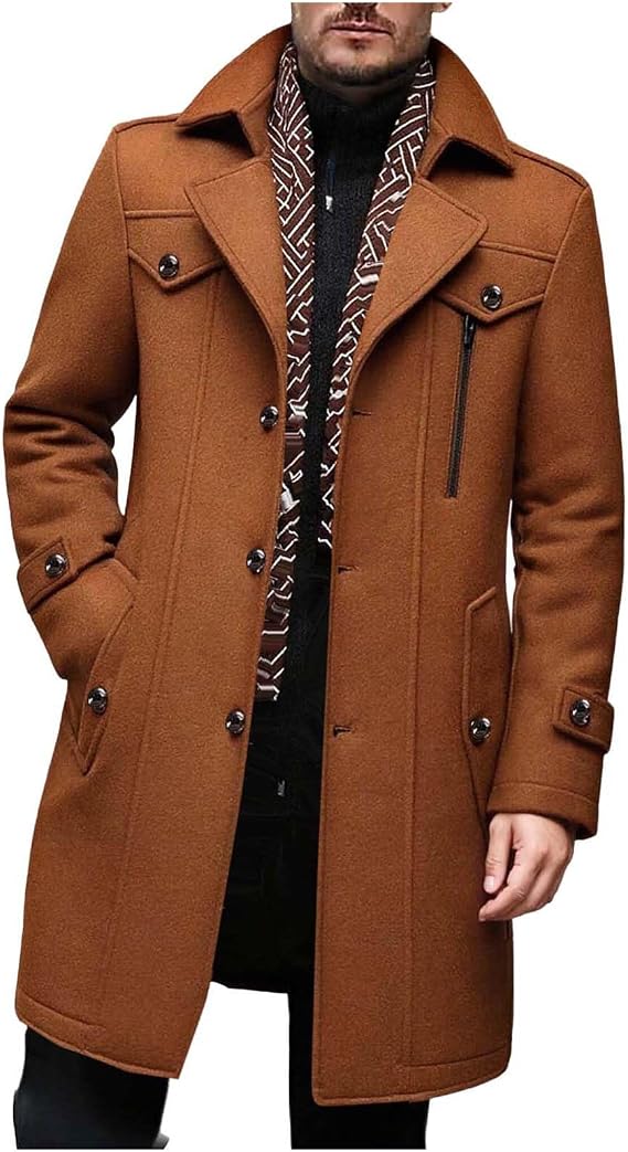 Men's Long Trench Coat Wool Blend Single Breasted Windbreaker Jacket Notched Collar Bussiness Overcoat with Pockets