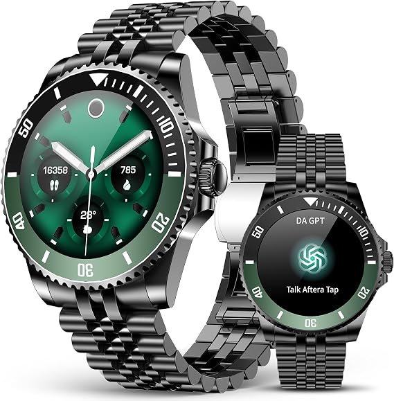 SOUYIE GPT Smart Watch with Bluetooth Call,1.19-inch AMOLED Display, 24/7 Heart Rate, Blood Oxygen, Blood Pressure, Sleep Monitor, 107 Sports Fitness Tracker, Compatible Android and iOS Black Green