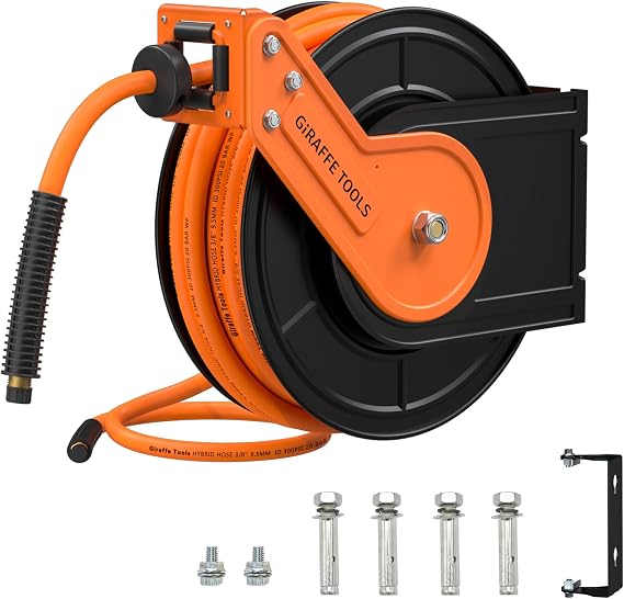 Giraffe Tools Retractable Air Hose Reel 50ft with Swivel Bracket 3/8"