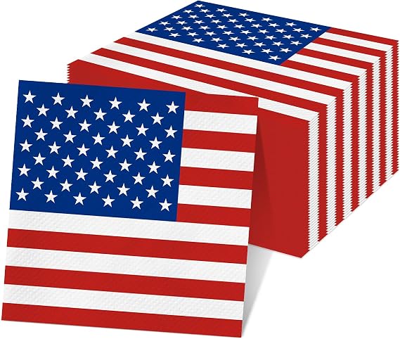 50 Pcs 4th of July Paper Napkins 13 x 13 Inch Patriotic American Flag Disposable Napkins for Independence Day Party, BBQ, Picnic and Summer Celebration Supplies