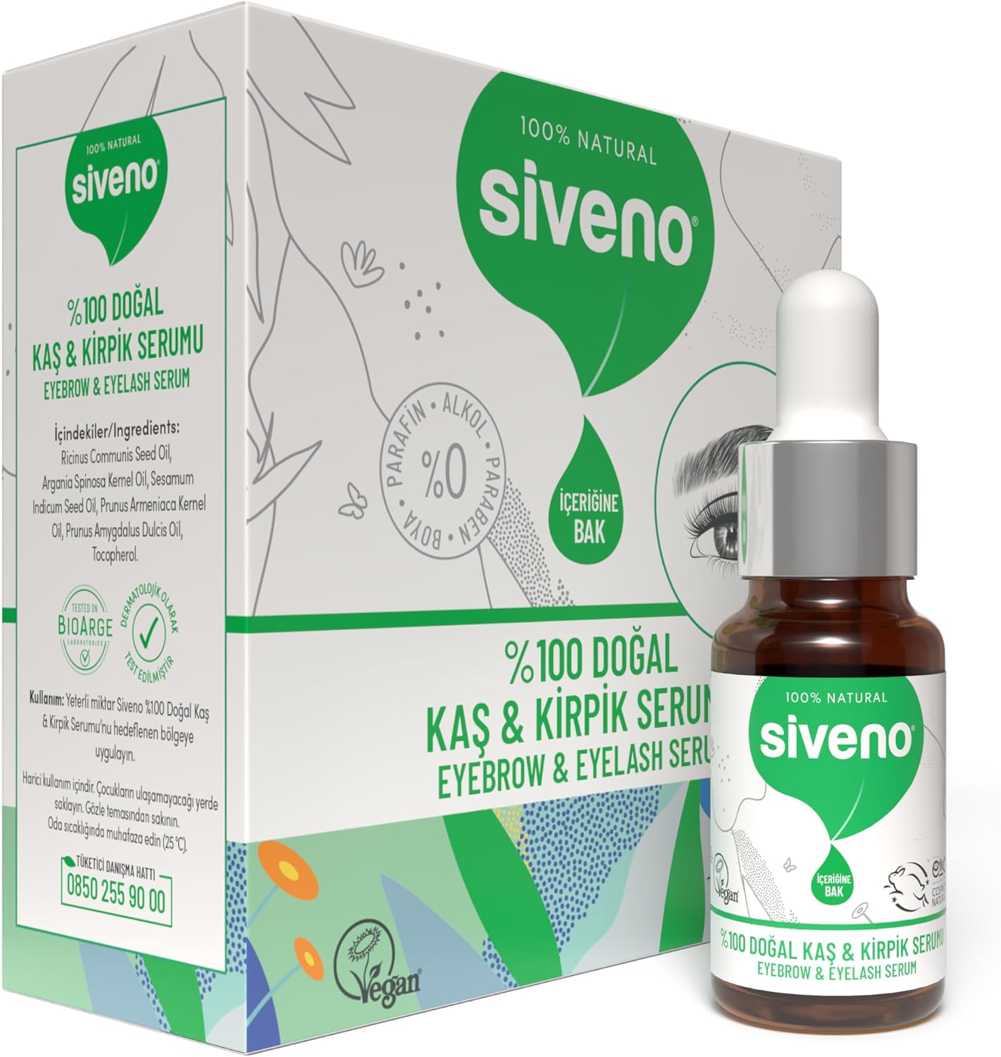 Siveno %100 Doğal Kaş ve Kirpik Serumu Bitkisel Yoğunlaştırıcı Canlandırıcı Yoğun Bakım Yağı Vegan 10 ml