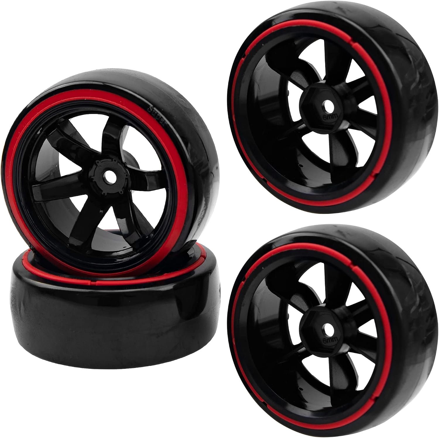 110 RC Drift Car Tires Hard Plastic Tyre & 12mm Hex Hub Wheel Rims 6 Spoke Compatible with Traxxas HSP Tamiya Kyosho HPI Redcat Racing MST 110 On-Road RC Drift Drifting Car Red2