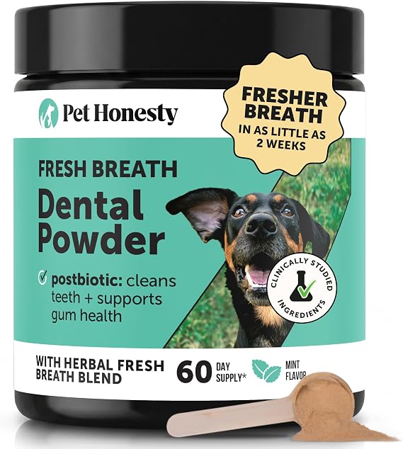 Dog Breath Freshener Dental Powder - Teeth Cleaning Plaque Off + Tartar Remover for Dogs - Care Supplement Food Topper with Kelp, HMP + Postbiotics for Healthy Gums - Mint Flavor (60 Servings)