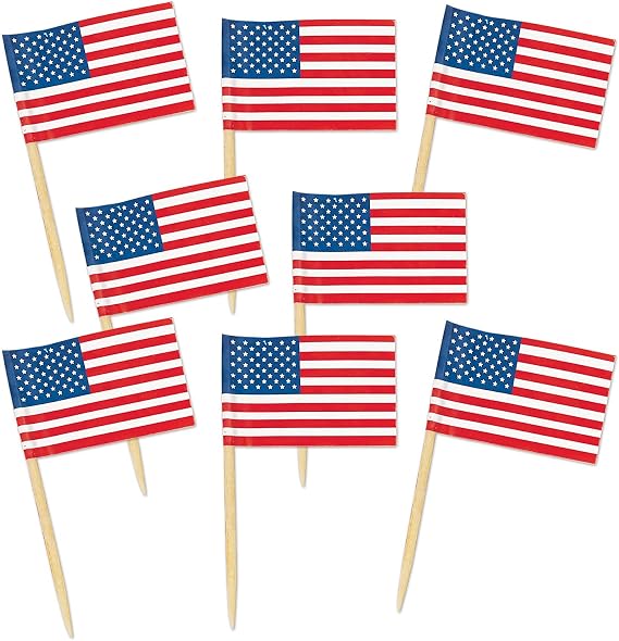 Pkgd U S Flag Picks (50/Pkg) | Mini American Flag Picks on Wooden Toothpicks for Patriotic Holidays Appetizers Desserts Cocktails and Party Displays