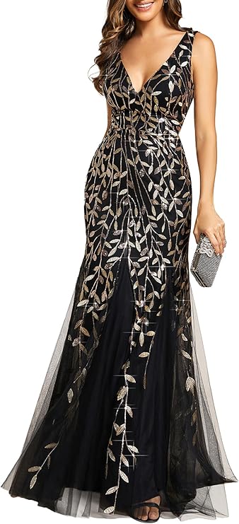 Ever-Pretty Women's Sequin Mermaid Double V-Neck Sleeveless Formal Dress | Sequin Embroidery, Formal Evening Gown, Sexy V-Neck, Sleeveless, Bodycon, Floor Length, Mother of Bride Dresses, 07886