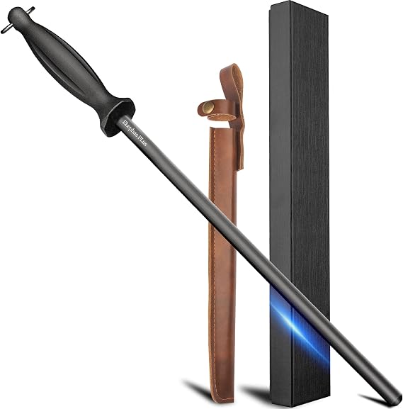 12-Inch Knife Sharpening Rod, Carbon Steel Honing Rod with Black Handle | 12-inch design works for all kitchen knives, Carbon steel rod fast sharpens dull blades, Compact,