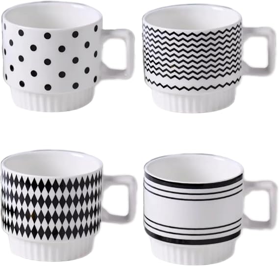 Stackable Coffee Mugs Set of 4, Simple Geometric Patterns Coffee Mug, 12oz Tea Cup Set, Espresso Cups, Stacked Mug Set for Household Party Housewarming Gift