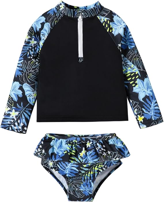 DREAM BUS Toddler Girls Long Sleeve Swimsuit 2 Piece Rashguard Set Sun Protection Baby Girls Bathing Suit Kids Swimwear