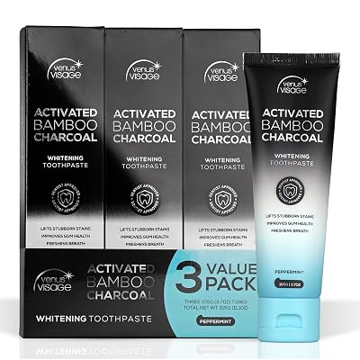Venus Visage Activated Charcoal Toothpaste for Whitening, 3 Pack - Effective Teeth Whitening Toothpaste for Surface Stains - Peppermint Flavor 3.7 oz105 g