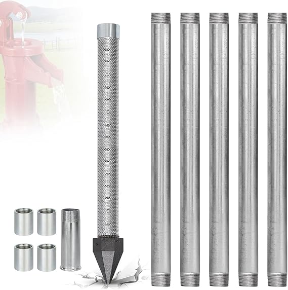 1-1/4 Inch Drive Well Point Kit, 36" Heavy Duty Sandpoint with 60 Gauge Mesh, Stainless Steel Intake, Galvanized Extension Pipes for Manual Pitcher Pump & Hand Water Extraction(6m)
