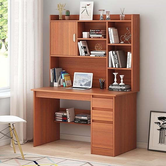 Modern Home Office Desk with Storage Shelf, Writing Desk Table Study Desk Workstation with Hutch and Bookshelf,Computer Desk PC Laptop Desk with Shelves(100x45x163cm(39x18x64), Walnut)