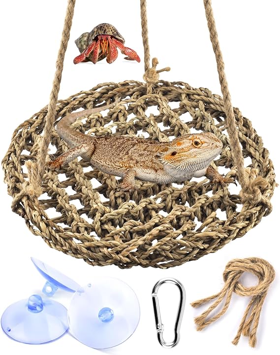 KATUMO Reptile Hammock Hermit Crab Climbing Toy Bearded Dragon Lounger Lizard Terrarium Grass Hammock for Lizard Chameleon Gecko Hermit Crab Snake Hamster Parrot Small Pets