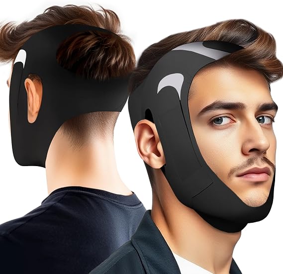 Chin Strap, Adjustable Sleeping Aid for Mouth Closure, Comfortable Neck and Jaw Support Strap, Breathable Fabric with Velcro Fasteners (Black, Large)