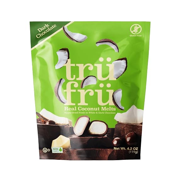 Tru Fru Real Coconut Melts Hyper-Dried Fresh in White & Dark Chocolate, Premium Gourmet Freeze Dried Fruit Snack, 4.2 oz