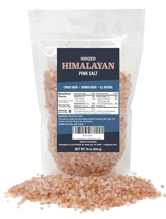 Coarse Iodized Himalayan Pink Salt All-Natural Grinder Grade Pink Sea Salt with Essential Iodine for Refills and Daily Cooking (16 oz Bag)