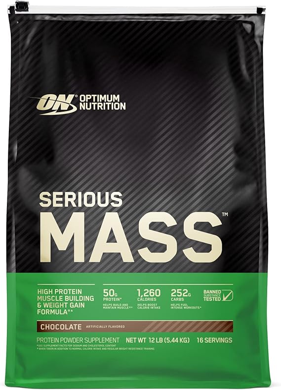 Optimum Nutrition Serious Mass, Weight Gainer Protein Powder, Mass Gainer, Vitamin C and Zinc for Immune Support, Creatine, Chocolate, 12 Pound Packaging May Vary