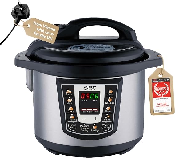 TZS First Austria Electric Pressure Cooker 6L, 1000W, 9 Programmes, Non-Stick Inner Pot, Timer, Keep Warm, Safe&Healthy Cooking, Stainless Steel