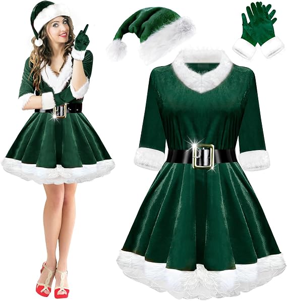 Mrs. Claus Costumes for Women 4PCS Santa Claus Costume Women Velvet Santa Dress Hat Gloves for Christmas Party